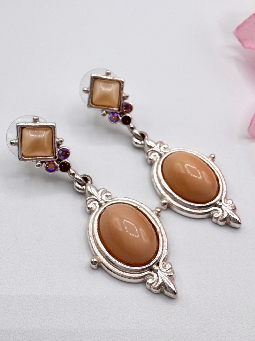 Vintage 1928 Nude Peach Cabochon Silver Tone Dangle Earrings Red AB Rhinestones